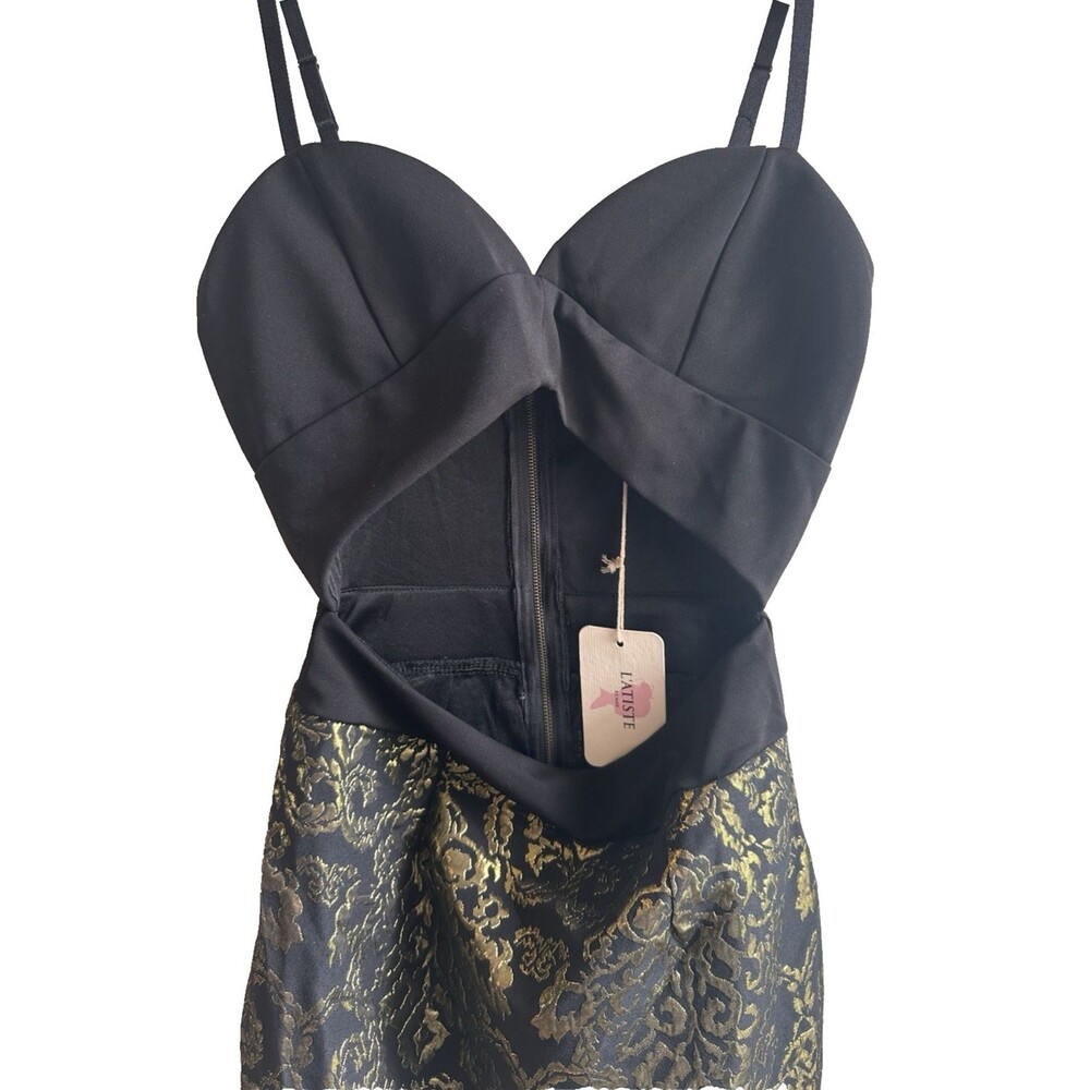 L'Atiste NWT Black Gold Brocade Mini Dress Corset Bustier Midriff Cutout Size S